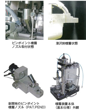 ピンポイント噴霧ノズル取付状態、滑沢剤噴霧状態、新開発のピンポイント噴霧ノズル（PAT.PEND）、噴霧装置本体（基本仕様）外観