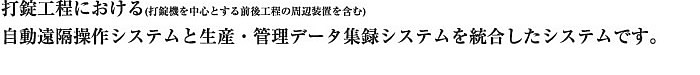 打錠工程における(打錠機を中心とする前後工程の周辺装置を含む)自動遠隔操作システムと生産・管理データ集録システムを統合したシステムです。