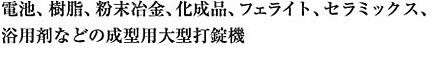 電池、樹脂、粉末冶金、化成品、フェライト、セラミックス、浴用剤などの成型用大型打錠機